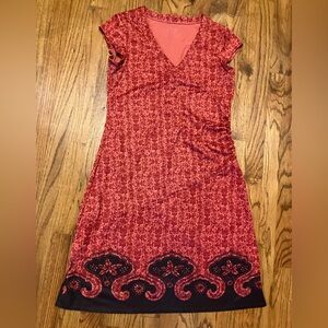 Athleta Wrap Dress Womens Red M V Neck Cap Sleeve Paisley Stretch Midi Party